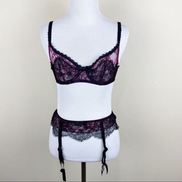 Agent Provocateur Purple Black Bra Garter Set 32B - Picture 1 of 8